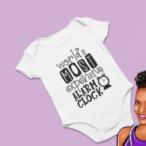 World's Most Expensive Alarm Clock | Custom Baby Onesie | Choose your wording color